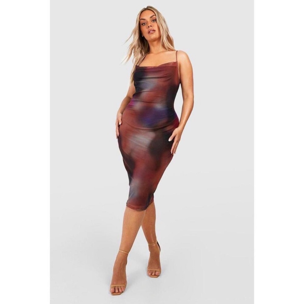Boohoo Womens Cowl Neck Abstract Mesh Midi Dress - SZ 12